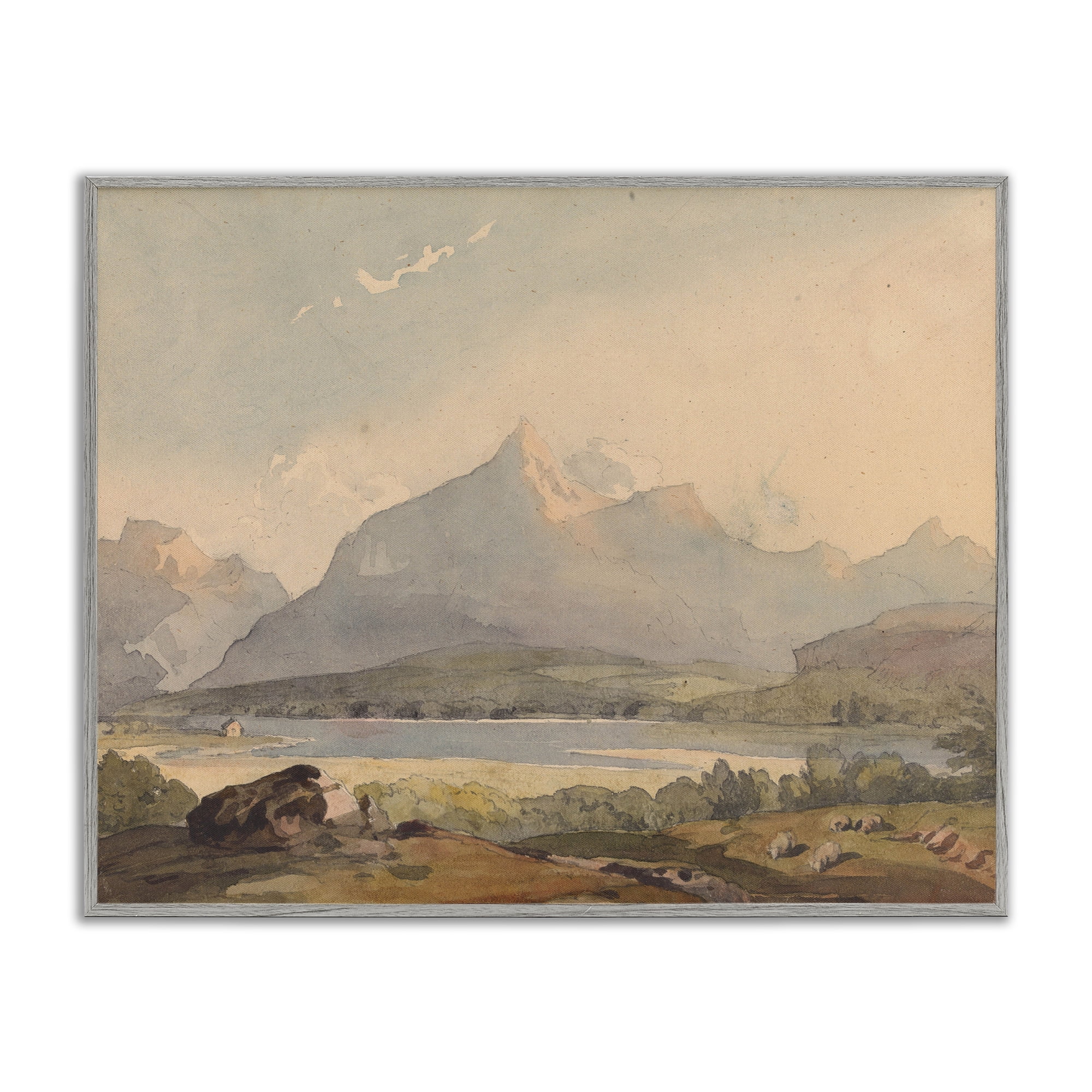 Peaceful Hazy Mountains Gray Framed Giclee Art, design by Lettered and Lined