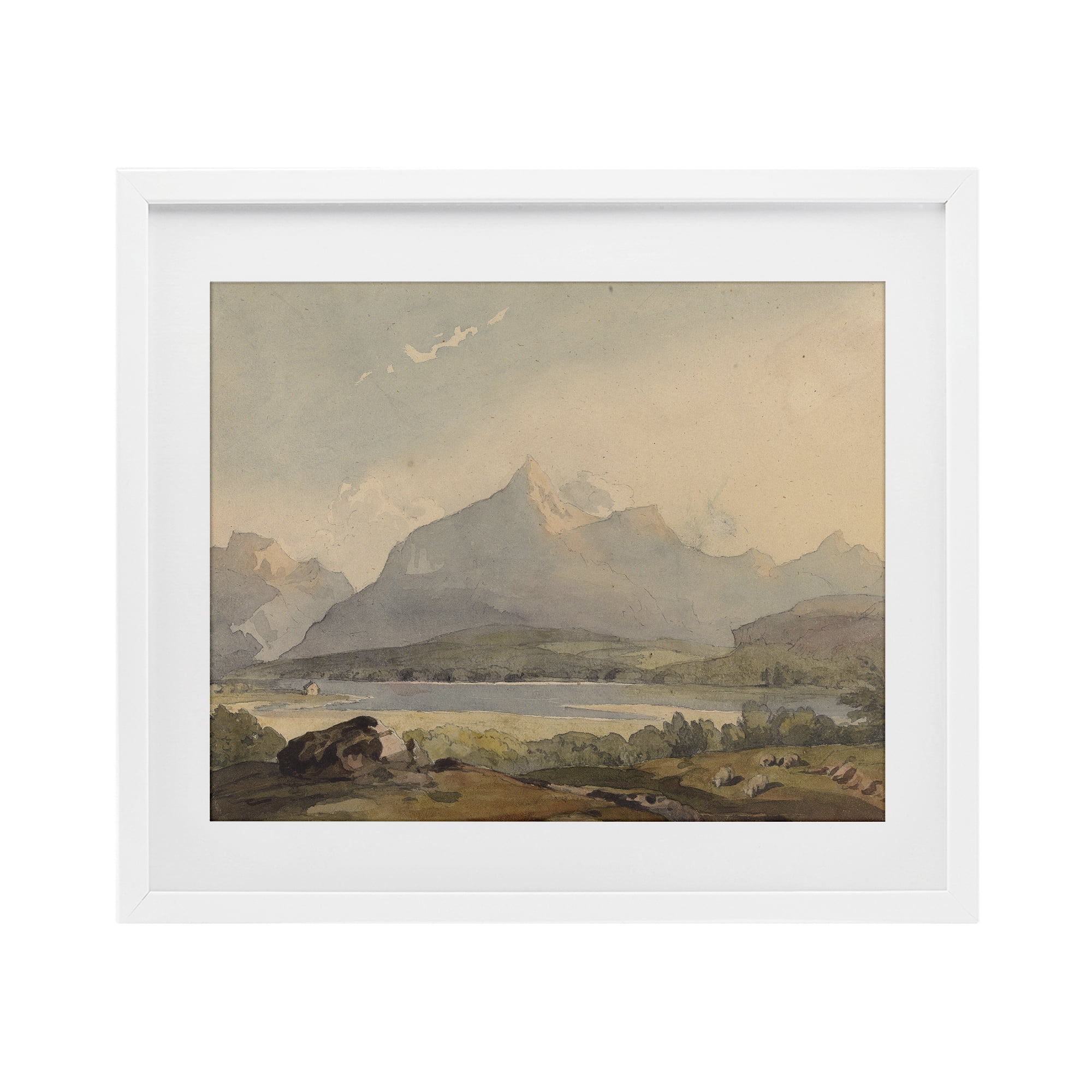 Peaceful Hazy Mountains White Framed Print Under Glass, design by Lettered and Lined