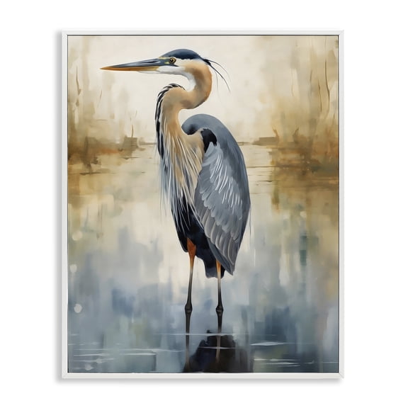 Stupell Industries Peaceful Heron over Abstract White Framed Giclee Art, design by LSR Design Studio, 20 x 16