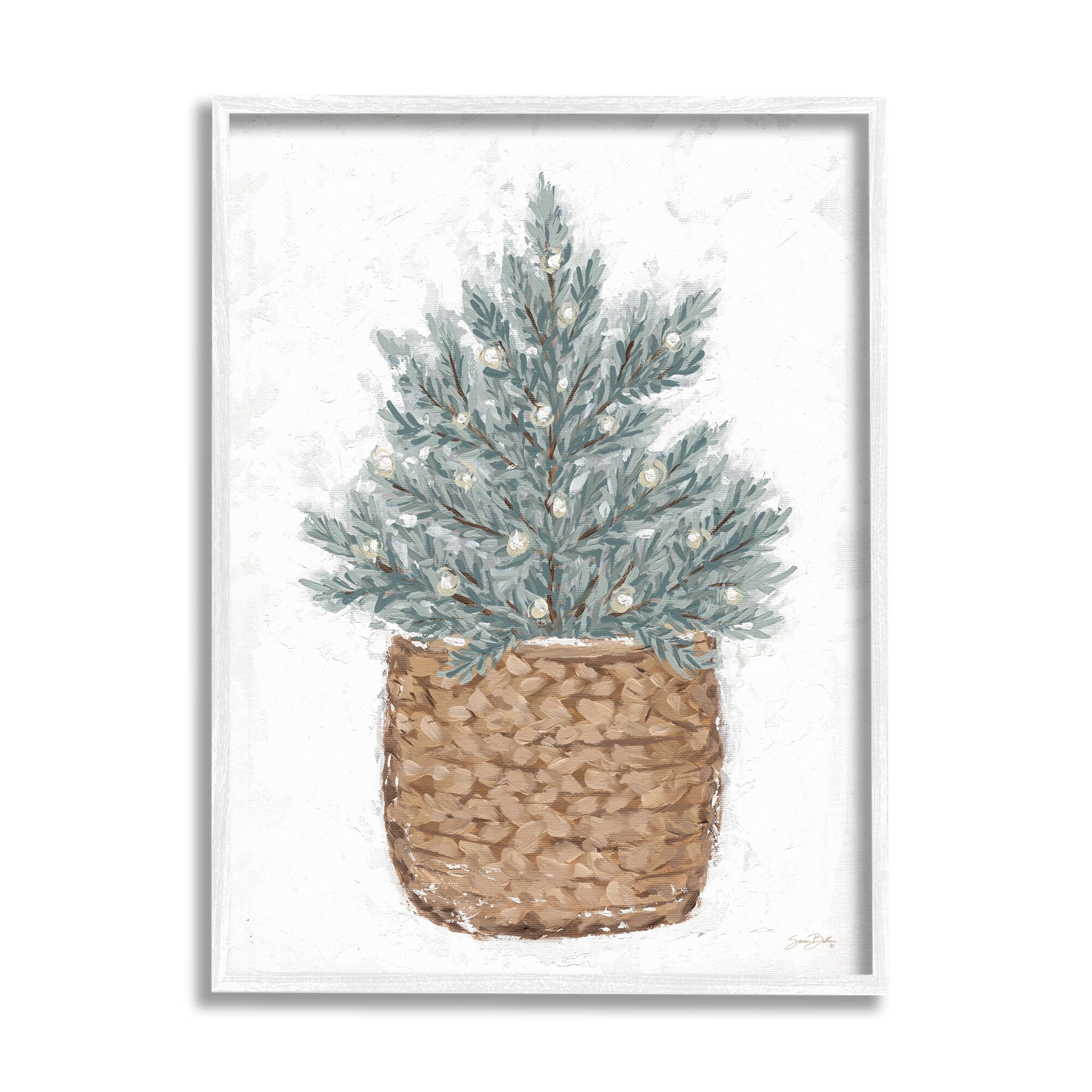 Peaceful Holiday Fir Tree Woven Planter Basket Botanical & Floral Painting Framed Art Print Wall Art