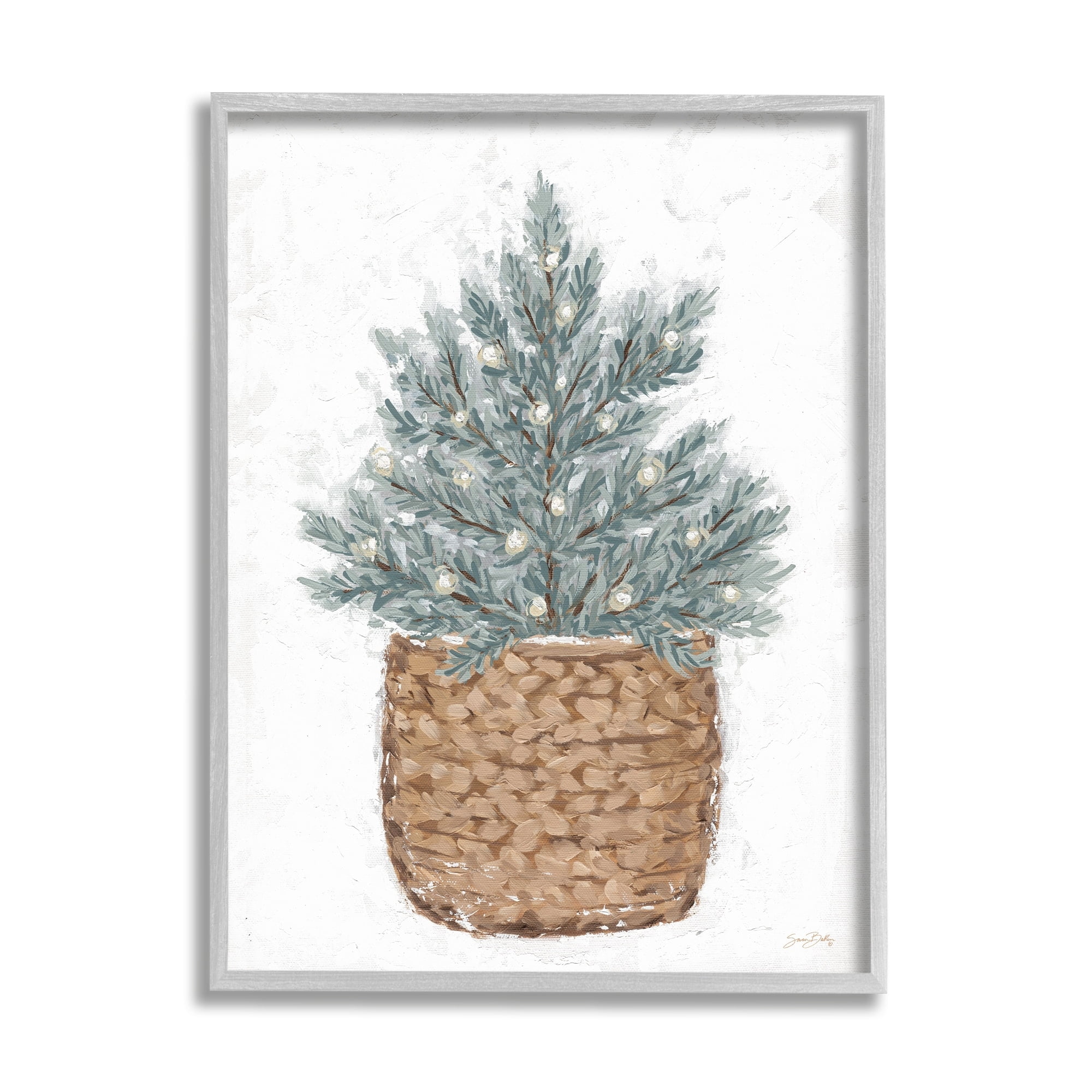 Peaceful Holiday Fir Tree Woven Planter Basket Botanical & Floral Painting Framed Art Print Wall Art