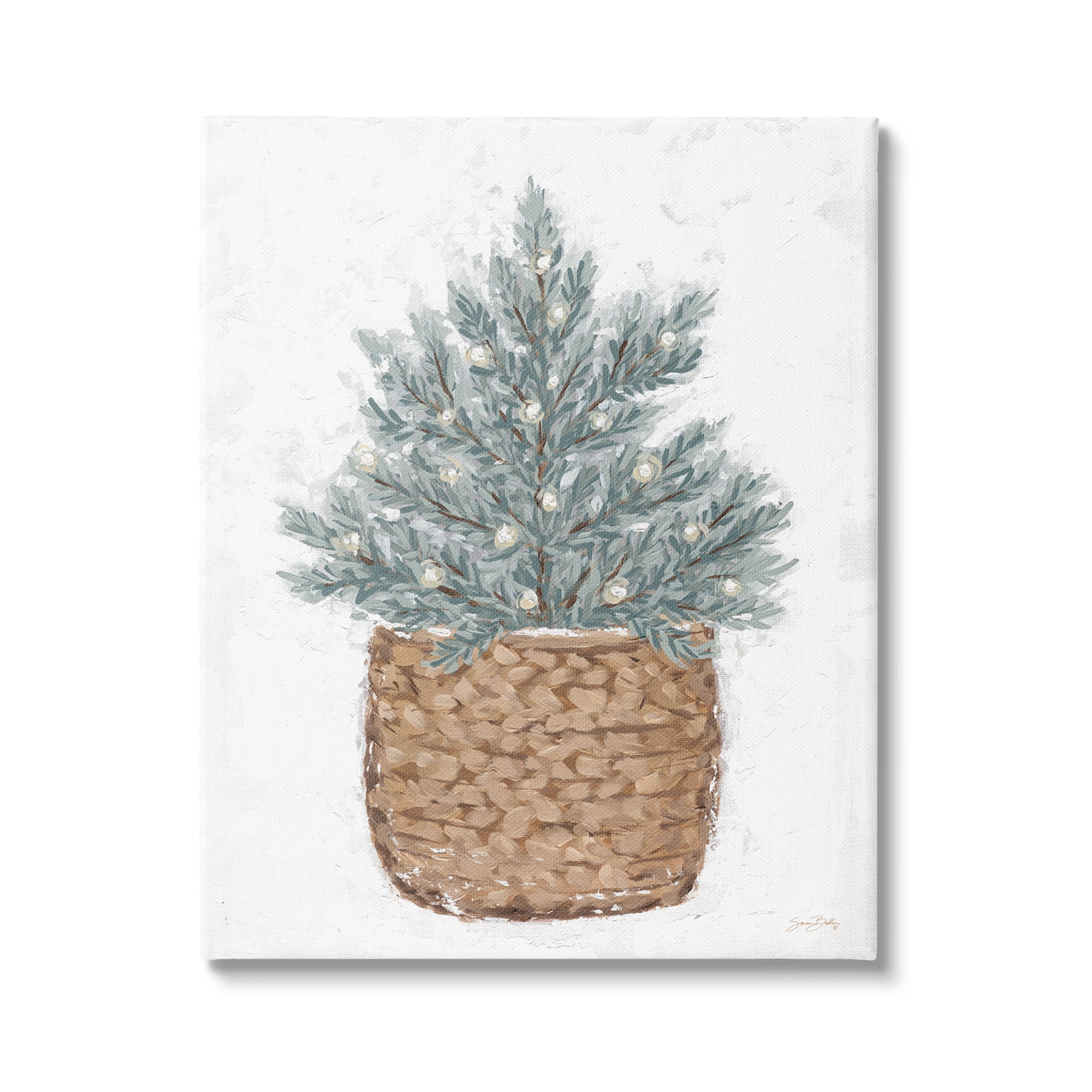 Peaceful Holiday Fir Tree Woven Planter Basket Botanical & Floral Painting Gallery-Wrapped Canvas Print Wall Art