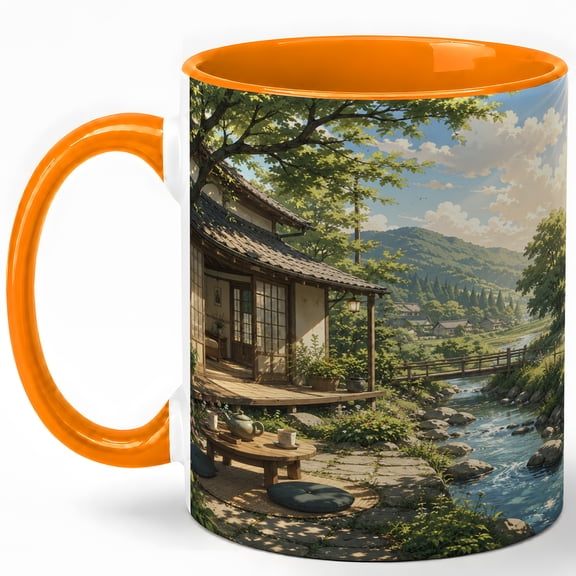 Peaceful Japanese Garden Coffee Mug, Cozy Nature Mug, Tea Lover Birthday Christmas Gift, Riverside House Mountain Garden Landscape Art, 11 oz White Ceramic Coffee Cup Gift for Tea