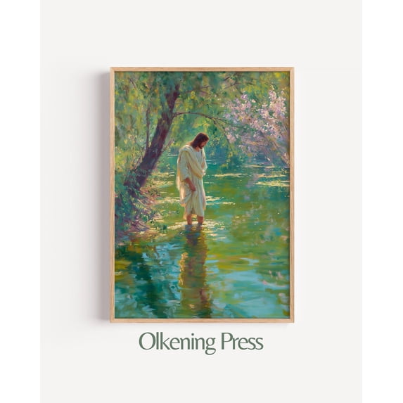 Peaceful Jesus in the River Tranquil Nature Bible Art, Unframed Canvas 12x16in