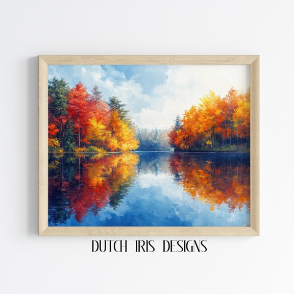 Peaceful Lake Reflection Art, Autumn Landscape, Vibrant Fall Foliage, Tranquil Nature Scene Wall Decor, Rustic Cottagecore 764 Home Decor #1849, Unframed Canvas Size 8x12