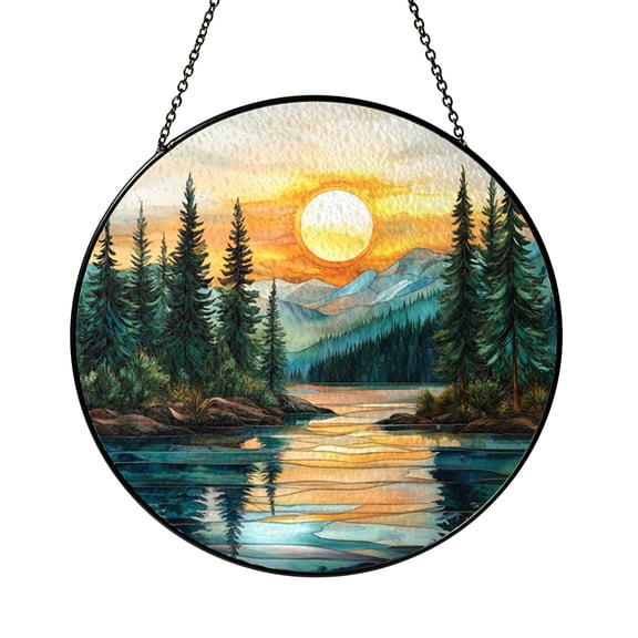 Peaceful Lake Sunset Glass Window Hanging – Home Decor