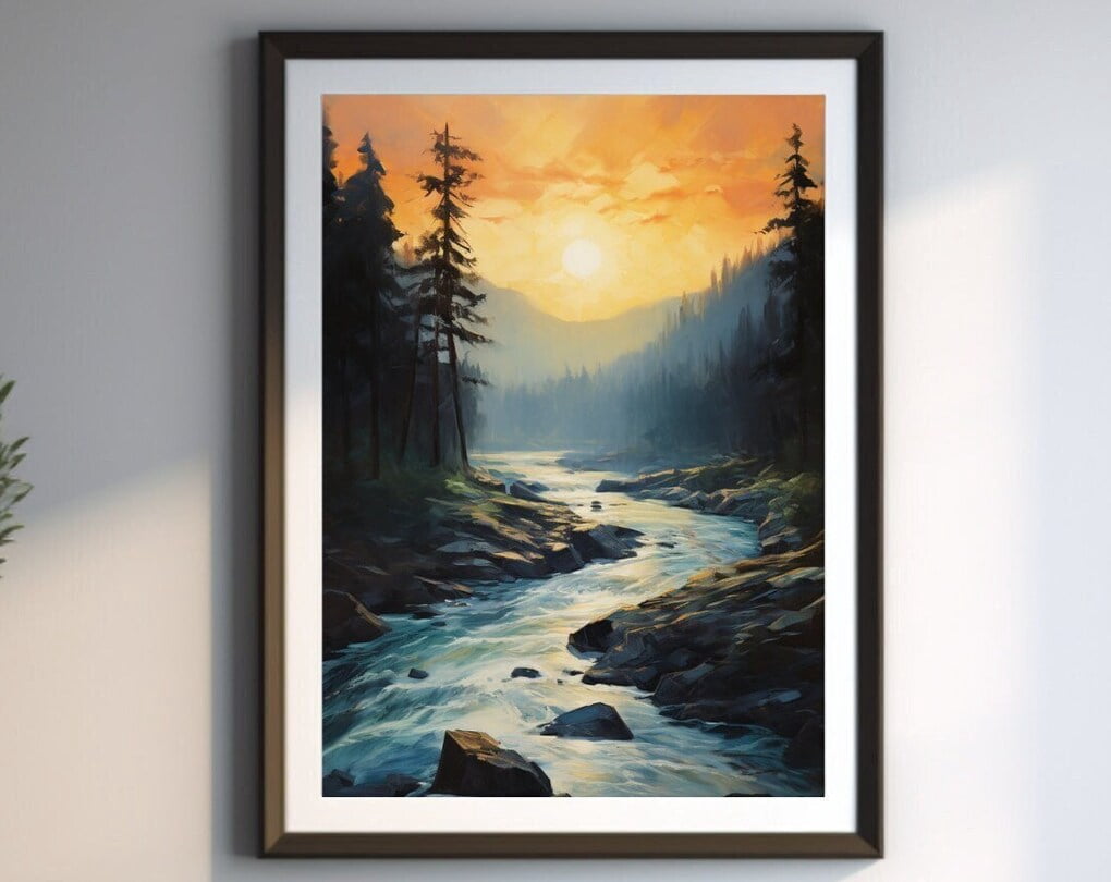 Peaceful Morning River Painting Art Print Warm Gold Mountain Sunrise ...