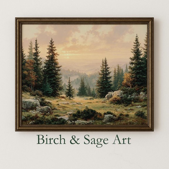 Peaceful Mountain Forest Wall Art Print With Pine Trees And Rolling Hills