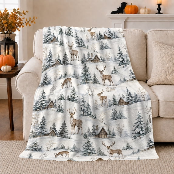 Peaceful Mountain Winter Deer Scene Rustic Cabin Snowy, Peaceful Mountain Lake Scene, Warm Flannel Blanket for Cabin and Lodge, Outdoor Lovers Camping Gift, Rustic Home Decor