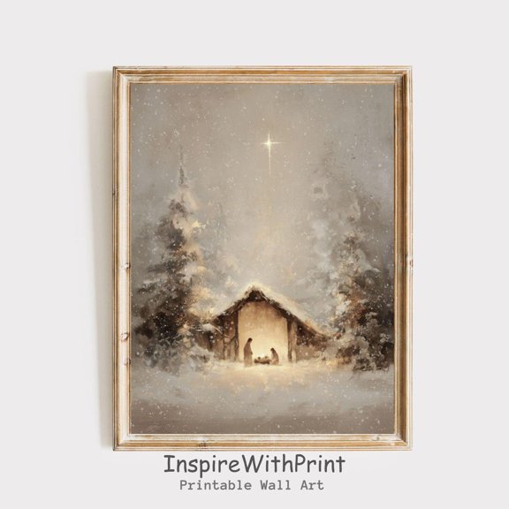 Peaceful Nativity Scene In Snow Print, Holy Family Manger Painting, Neutral Noel Wall Art, Cozy Christian Festive Print Decor UNFRAMED PAPER POSTER, Home Decor, Vintage Gift, Living Room Dercor