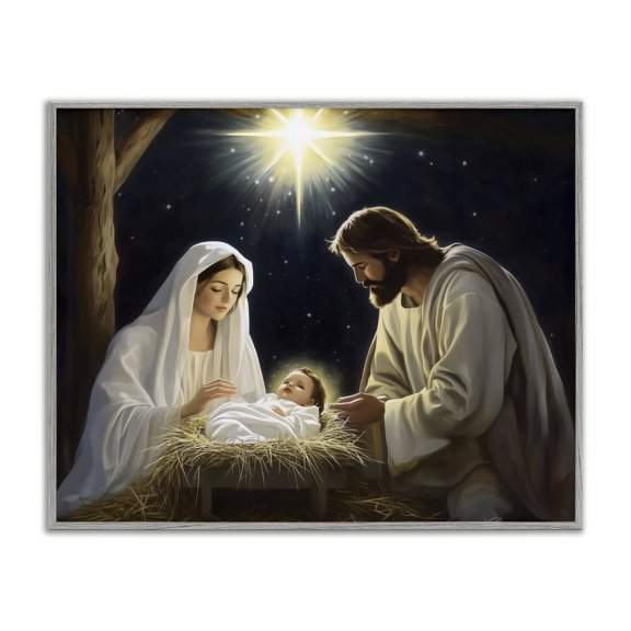 Stupell Industries Peaceful Night Nativity Scene Gray Framed Giclee Art, design by Arlington Prints