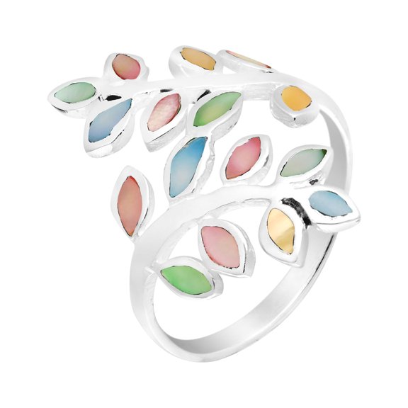 Peaceful Olive Branch Sterling Silver Multi Colored Shell Inlay Wrap Ring - 7