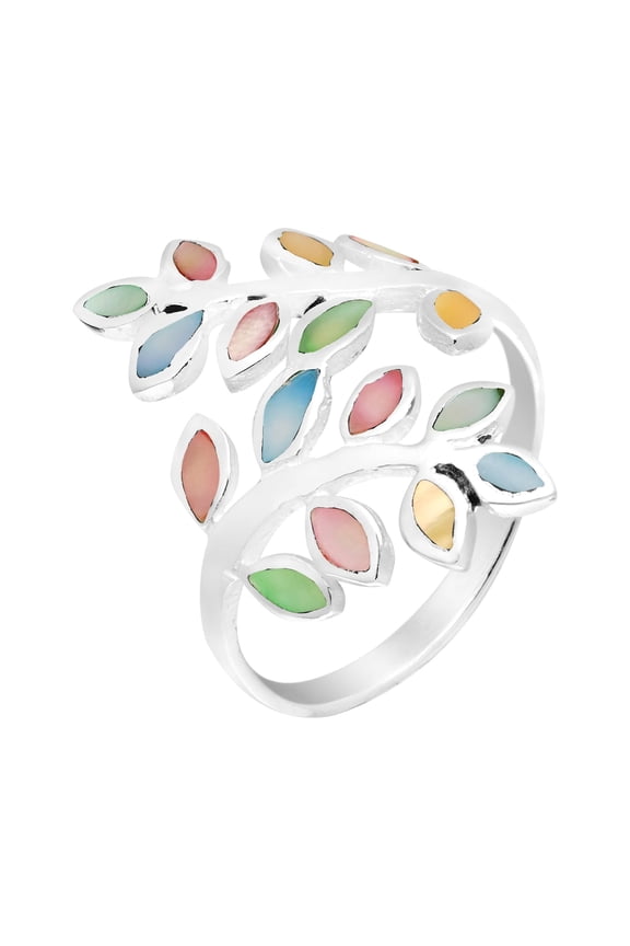 Peaceful Olive Branch Sterling Silver Multi Colored Shell Inlay Wrap Ring - 7