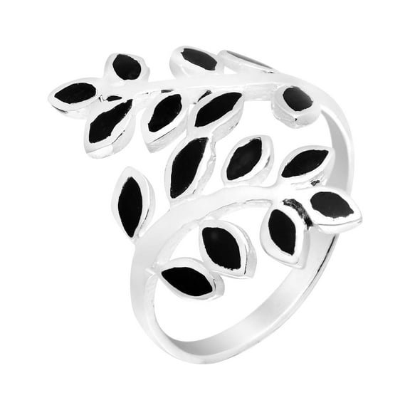 Peaceful Olive Branch Sterling Silver & Simulated Black Onyx Inlay Wrap Ring - 8