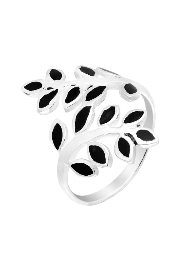 Peaceful Olive Branch Sterling Silver & Simulated Black Onyx Inlay Wrap Ring - 8