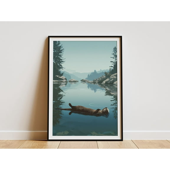 Peaceful Otter Floating River Print Serene Wildlife Nature Poster Calm Water Animal Art Forest Landscape Wall Decor Minimalist Animal - Poster Unframed