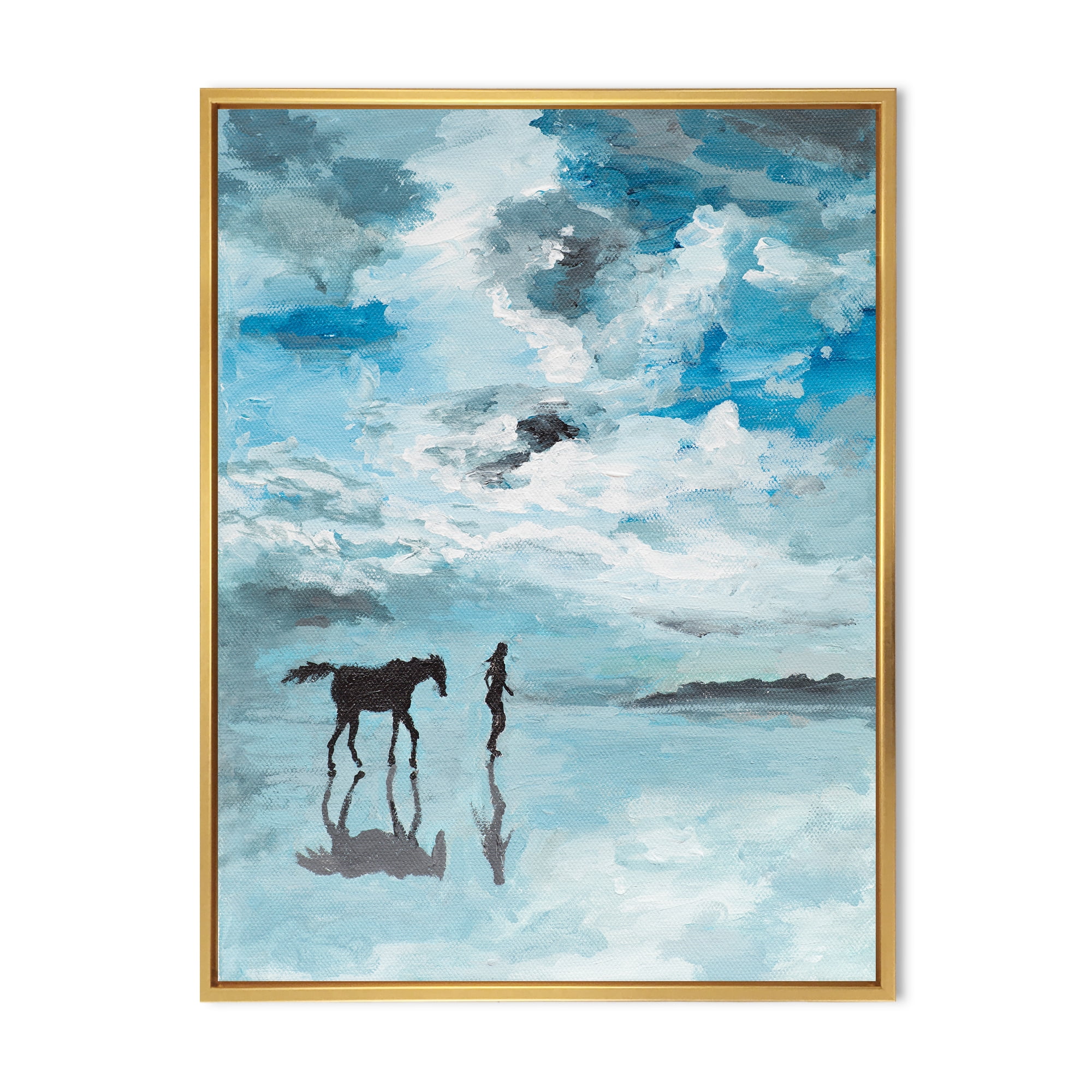 Peaceful Scene Of Horse and Man Running By The Water 24 in x 32 in Framed Painting Canvas Art Print, by Designart