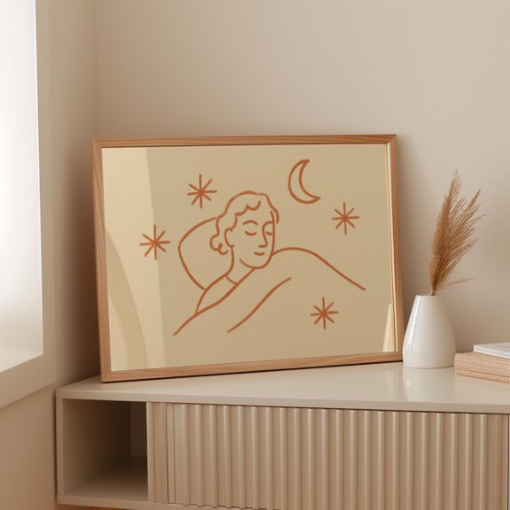 Peaceful Sleep Line Art Minimalist Moon And Stars Bedroom Poster In Soft Earth Tone For Calm Nighttime , Poster Print Only