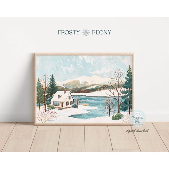Peaceful Snowy Cottage By The Lake Scenery Art Print, Winter Landscape Wall Art, Snowy Lake Art, Wall Art, Modern Wall Decor, 8x12 UNFRAMED