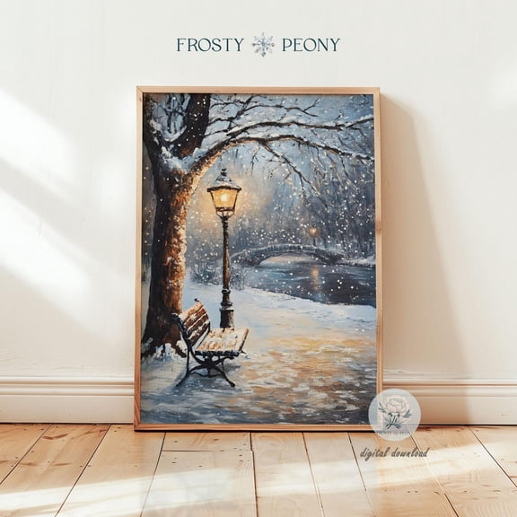 Peaceful Snowy Park Bench Art Print, Winter Wonderland Wall Art, Serene Snowfall Evening Art, Wall Art, Modern Wall Decor, 16x24 UNFRAMED