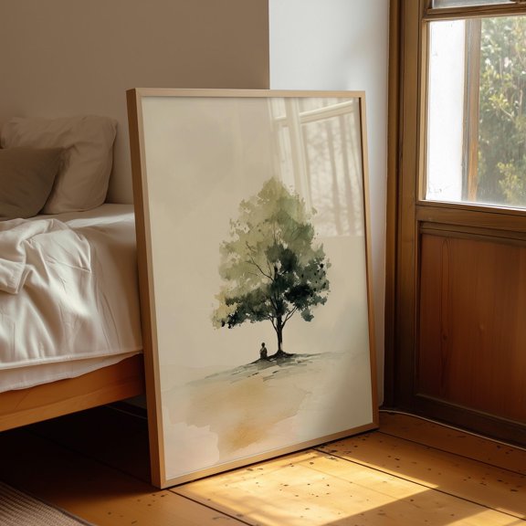 Peaceful Solitude Under Tree Poster Minimalist Nature Art With Child Figure , Poster Print Only