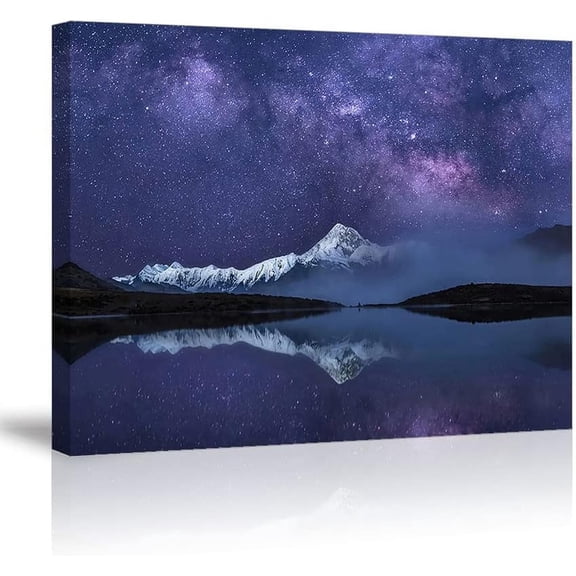 Peaceful Star Lake Landscape Wall Art For Bedroom,Starry Night Sky Over Snowy Mountain,Purple Milky Way Galaxy Scenery Decor,Giclee Canvas Print Picture, Inner Unframed