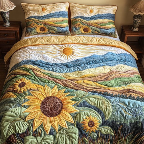 Peaceful Sunflowers 3-Piece Quilted Bedding Set