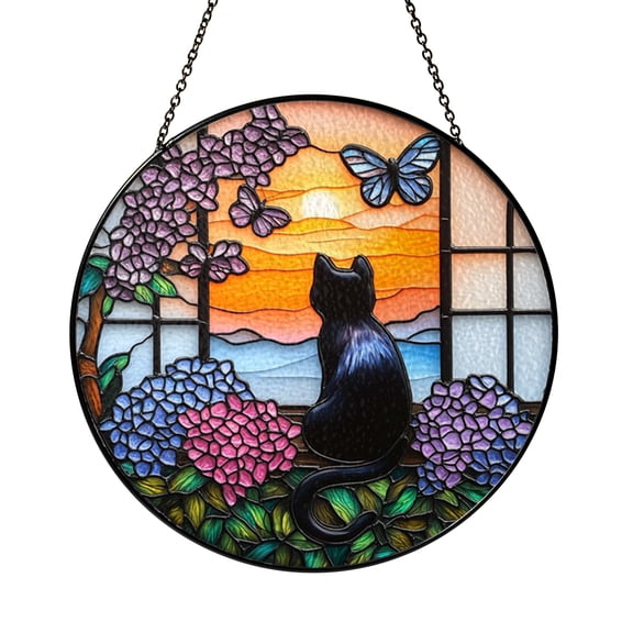 Peaceful Sunset Black Cat Stained Glass Style Window Suncatcher, Calm Home Accent Gift