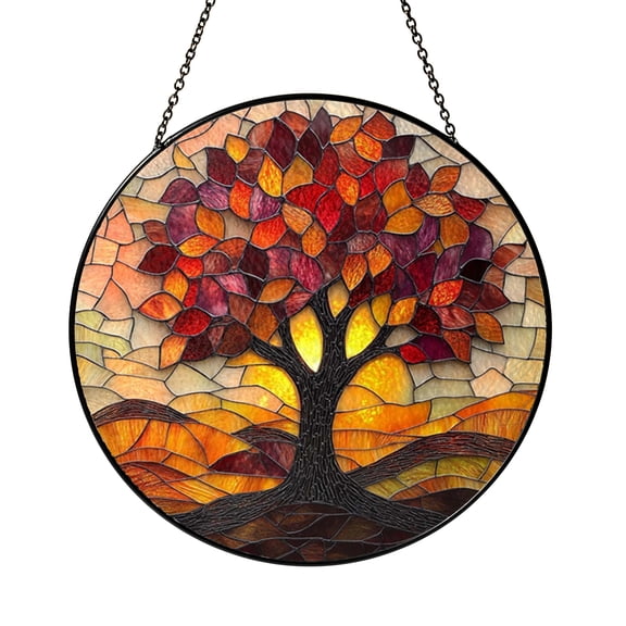 Peaceful Sunset Tree Stained Glass Window Hanging, Vibrant Nature Landscape Decorative Suncatcher Panel, Artistic Home Accent Ornament, Thoughtful Gift for All