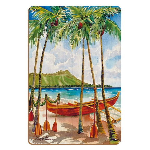 A Peaceful Voyage - Hawaiian Canoe (Wa‘a) - Diamond Head Crater - From an Original Hawaii Watercolor Painting by Peggy Chun - 8 x 12 inch Vintage Wood Art Sign