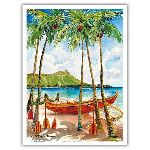 A Peaceful Voyage - Hawaiian Canoe (Wa‘a) - Diamond Head Crater - From an Original Hawaii Watercolor Painting by Peggy Chun - Master Art Print (Unframed) 9in x 12in