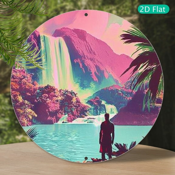 Peaceful Waters Oasis - Mid-Century Modern Round Metal Decorative Sign for Garden & Window, Perfect for Parties & Everyday Office Use