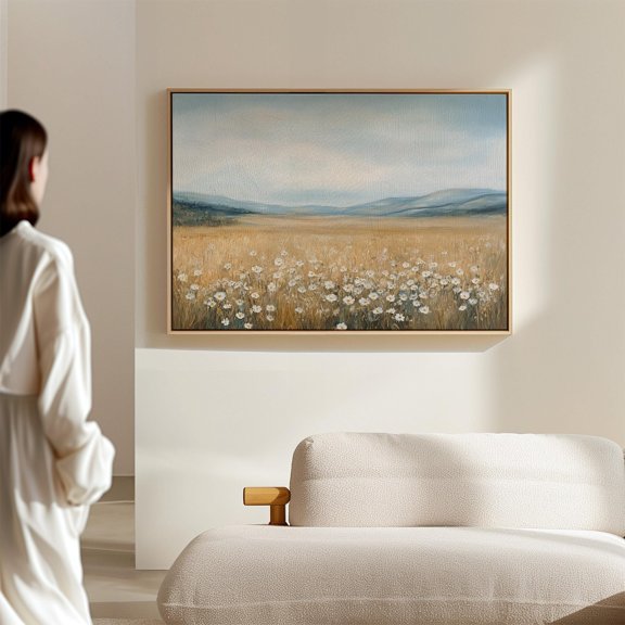 Peaceful Wildflower Meadow Landscape Poster Neutral Beige And Blue Countryside Oil For Rustic Farmhouse Or Minimalist Wall Décor , Poster Print Only