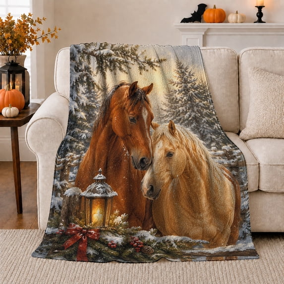Peaceful Winter Forest Horse Painting, Rustic Farmhouse Horse Scene, Warm Flannel Blanket for Ranch House and Living Room, Horse Lovers Housewarming Gift, Rustic Home Decor