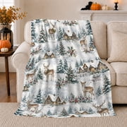 Peaceful Winter Woodland Scene Deer Snowy Cabins Holiday, Festive Holiday Scene, Warm Flannel Blanket for Cabin and Lodge, Art Lovers Housewarming Gift, Festive Home Decor