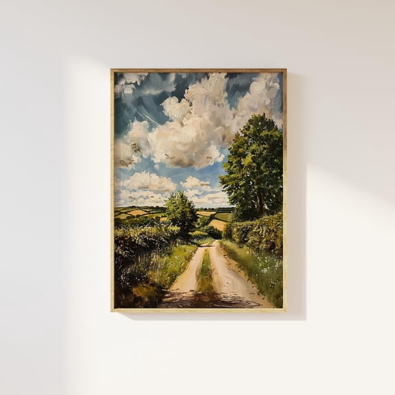 Peaceful countryside wall art print | nature landscape scene decor, rural English countryside, fields trees clouds, oil painting art print