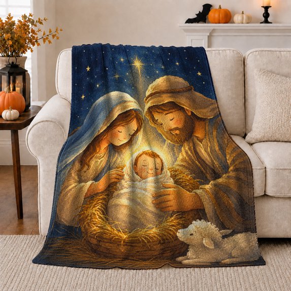 Peaceful decorative motif Family Scene Under Starry Night Sky, Festive decorative motif Scene, Warm Flannel Blanket for Living Room and Family Room, Art Lovers Christmas Gift, Festive Home Decor