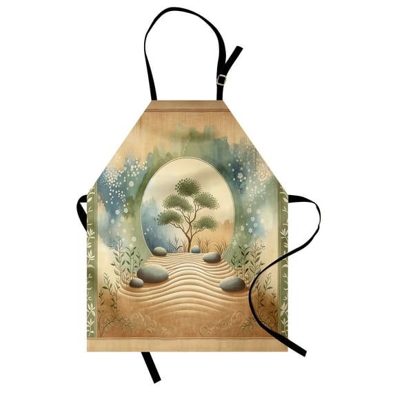 Peacefulness Apron, Japanese Garden Inspired Stones Waving Sand Tree Soft Watercolor, Unisex Kitchen Bib with Adjustable Neck for Cooking Gardening, Adult Size, Camel Reseda Green Blue, by Ambesonne
