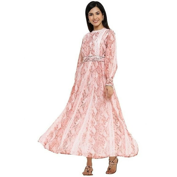 Peach Abstract Printed Chiffon Flared Maxi Dress With Buttons.