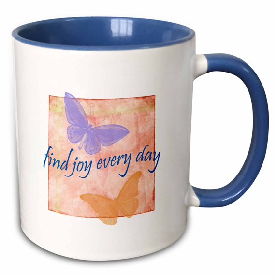 3drose, Peach and Purple Find Joy Butterflies Inspirational Art, 11oz Two-tone Blue Mug