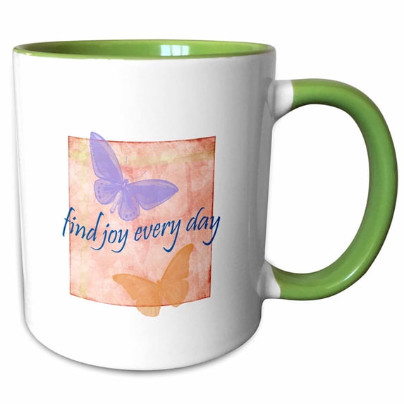 3drose, Peach and Purple Find Joy Butterflies Inspirational Art, 15oz Two-tone Green Mug