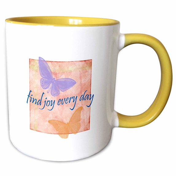 3drose, Peach and Purple Find Joy Butterflies Inspirational Art, 15oz Two-tone Yellow Mug