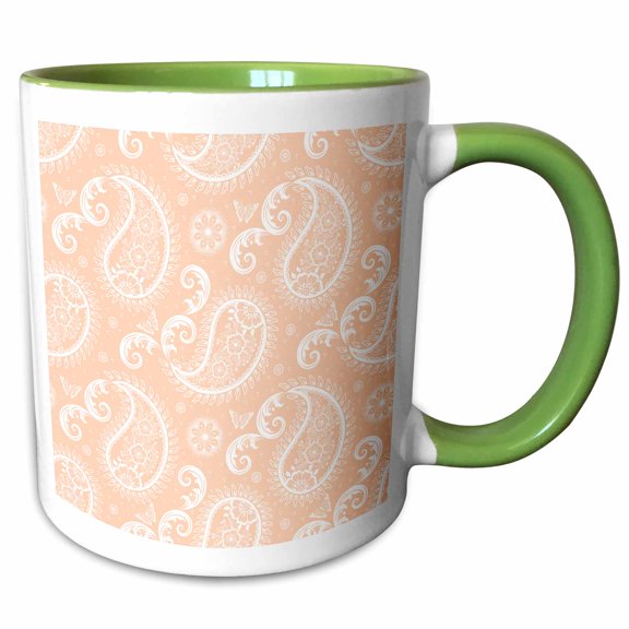 3drose, Peach and White Fancy Paisley Pattern, 11oz Two-tone Green Mug