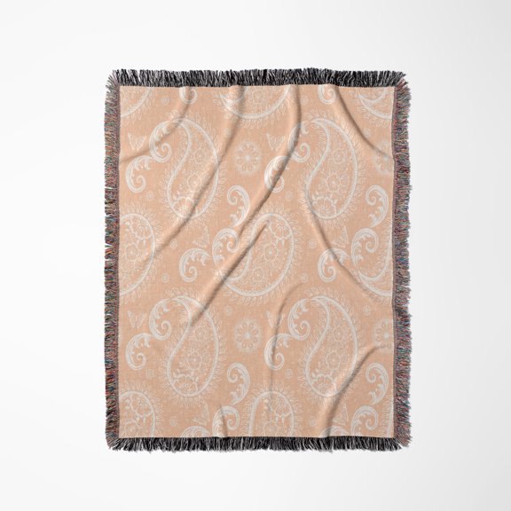 Peach And White Fancy Paisley Pattern, Woven Blanket