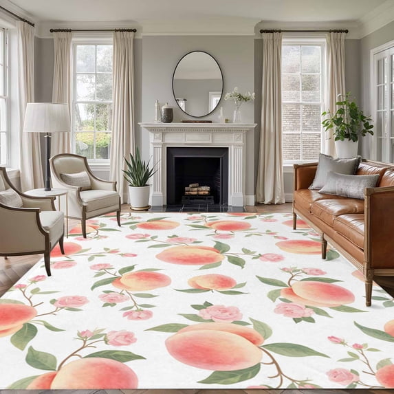 Peach Area Rugs 6'x9', Washable Small Throw Rugs for Kitchen Dining room, Spring Floral Green Leaf Botanical Pink Fruit Indoor Outdoor Rug Non-Slip Low Pile Carpet Runner Reversible Floor Mats