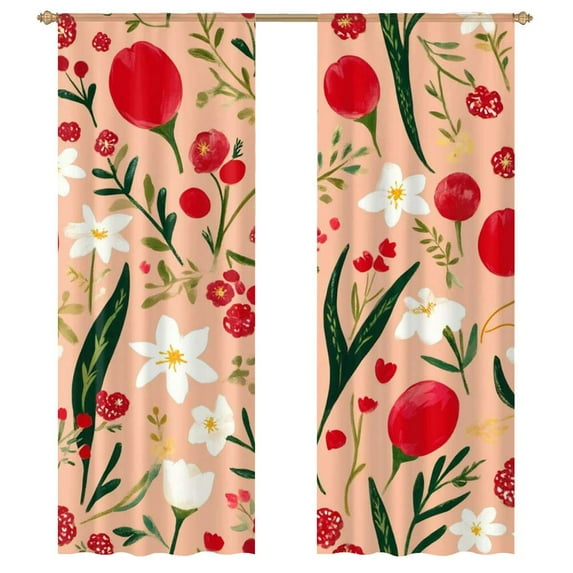 Peach Background Floral Red White Blooms Modern Tulle Window Curtains for Living Room Luxury Bedroom Kitchen Curtains
