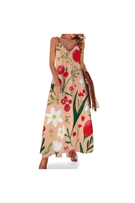 Peach Background Floral Red White Blooms Sleeveless Dress Loose Women's Dress Dresses Luxury Evening Dresses