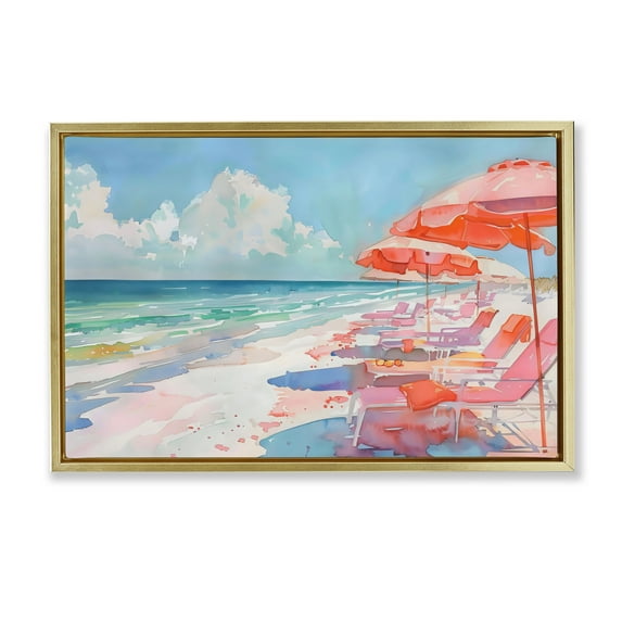Stupell Industries Peach Beach Relaxing Chairs Gold Framed Floater Canvas Wall Art, design by LSR Design Studio, 17 x 25