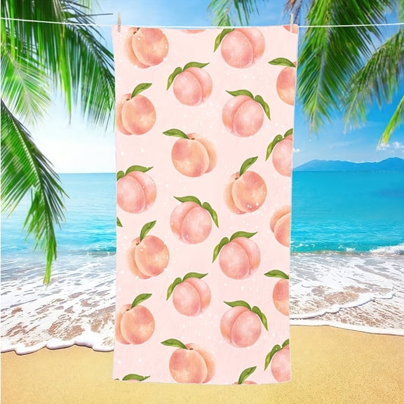 Peach Beach Towel - Lightweight Microfiber Towel, Vivid Peach and Leaf Pattern, Super Absorbent Soft Bath Towel, Suitable for Swimming Pool, Travel, Outdoor, Summer Accessories