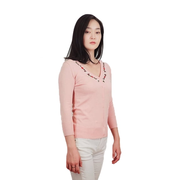 Peach Beige V Neck Button Up Cardigan Sweater w Embroidered Flowers - Small